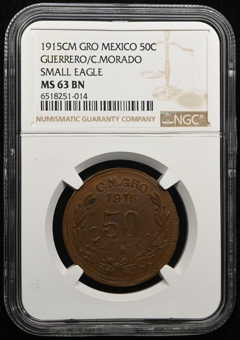 1915CM GRO MEXICO GUERRERO/ C.MORADO KM-657 GB-164 50C NGC MS63BN: 1915CM GRO MEXICO GUERRERO/ C.MORADO KM-657 GB-164 50C NGC MS63BN The 1915CM GRO MEXICO GUERRERO/ C.MORADO KM-657 GB-164 50C NGC MS63BN coin features a rich history, bearing the signature of its creat