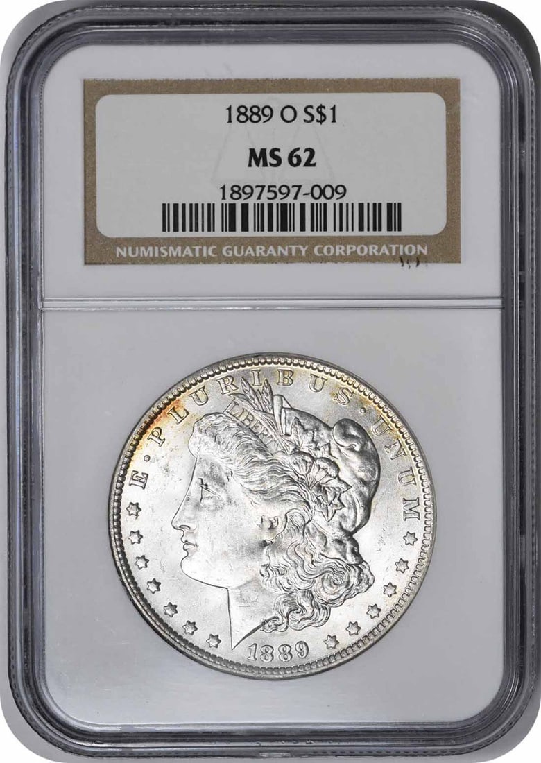 1889-O Morgan Silver Dollar MS62 NGC: 1889-O Morgan Silver Dollar MS62 NGC The 1889-O Morgan Silver Dollar MS62 NGC boasts an impressive grade, showcasing its exceptional condition. Certified by the Numismatic Guaranty Corporation (NGC) a