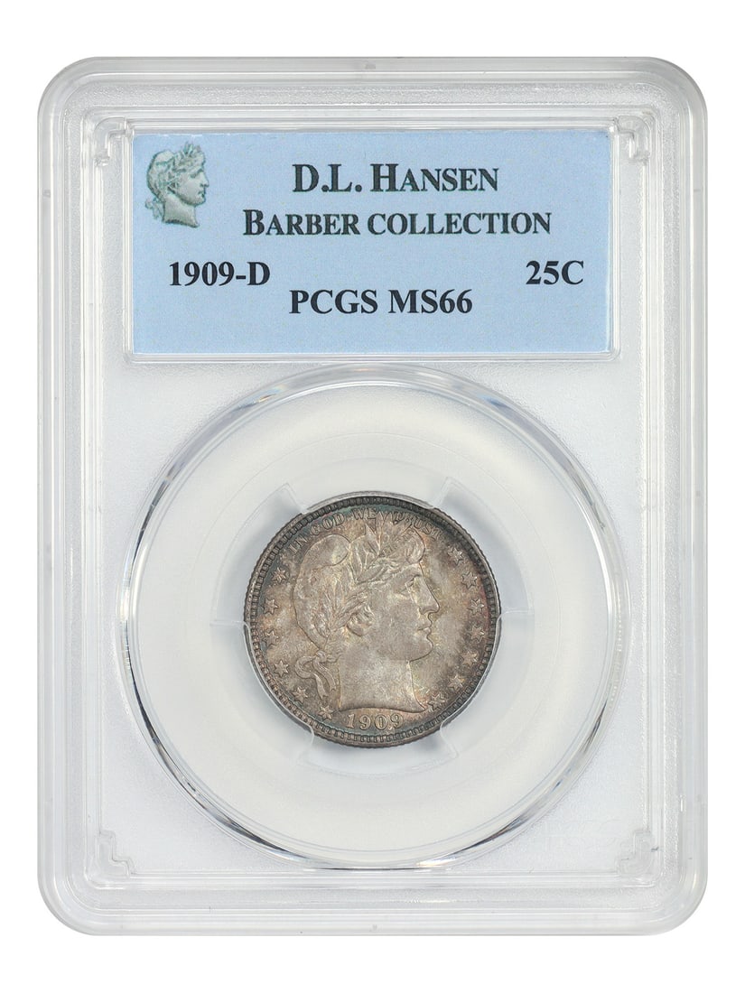 PCGS MS66 ex: D.L. Hansen 1909-D 25c: PCGS MS66 ex: D.L. Hansen 1909-D 25c The PCGS MS66 ex: D.L. Hansen 1909-D 25c is an exceptional example of the Denver Mint's finest 1909-D quarter, boasting a high level of detail and luster in its un