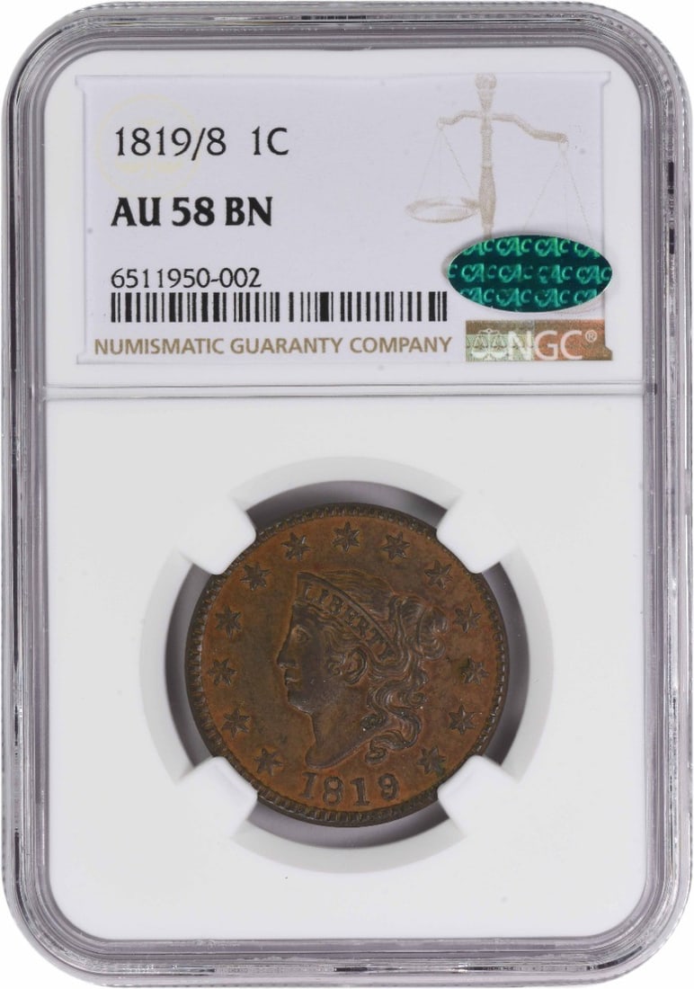 1819/ 8 Large Cent Large Date AU58BN NGC (CAC): 1819/ 8 Large Cent Large Date AU58BN NGC (CAC) The 1819 Large Cent Large Date AU58BN NGC features a distinctive coronet head design, crafted by renowned artist Robert Scot. This circulated coin
