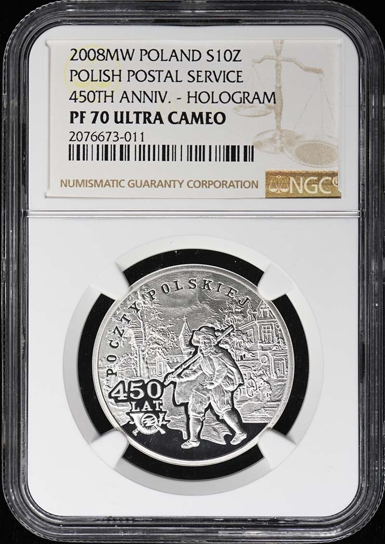 2008MW POLAND POLISH POSTAL SERVICE S10Z NGC PR70DCAM: 2008MW POLAND POLISH POSTAL SERVICE S10Z NGC PR70DCAM The 2008MW Poland Polish Postal Service S10Z NGC PR70DCAM coin features a striking design, bearing the signature of its artist. Graded PR70 by NGC