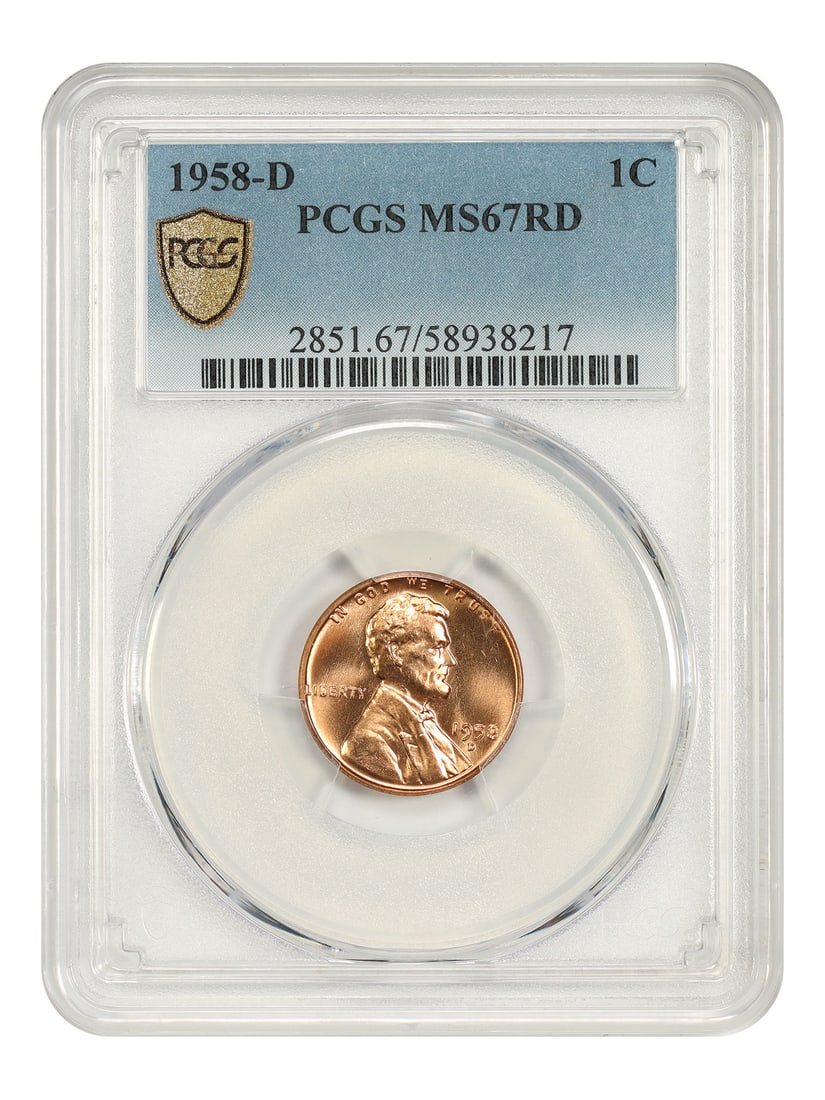 1958-D 1C PCGS MS67RD - Lincoln Cent (Wheat Reverse): 1958-D 1C PCGS MS67RD - Lincoln Cent (Wheat Reverse) 1958-D Lincoln Cent (Wheat Reverse) in MS67RD condition, certified by PCGS. This coin boasts a rich reddish-brown color and exceptional mint state