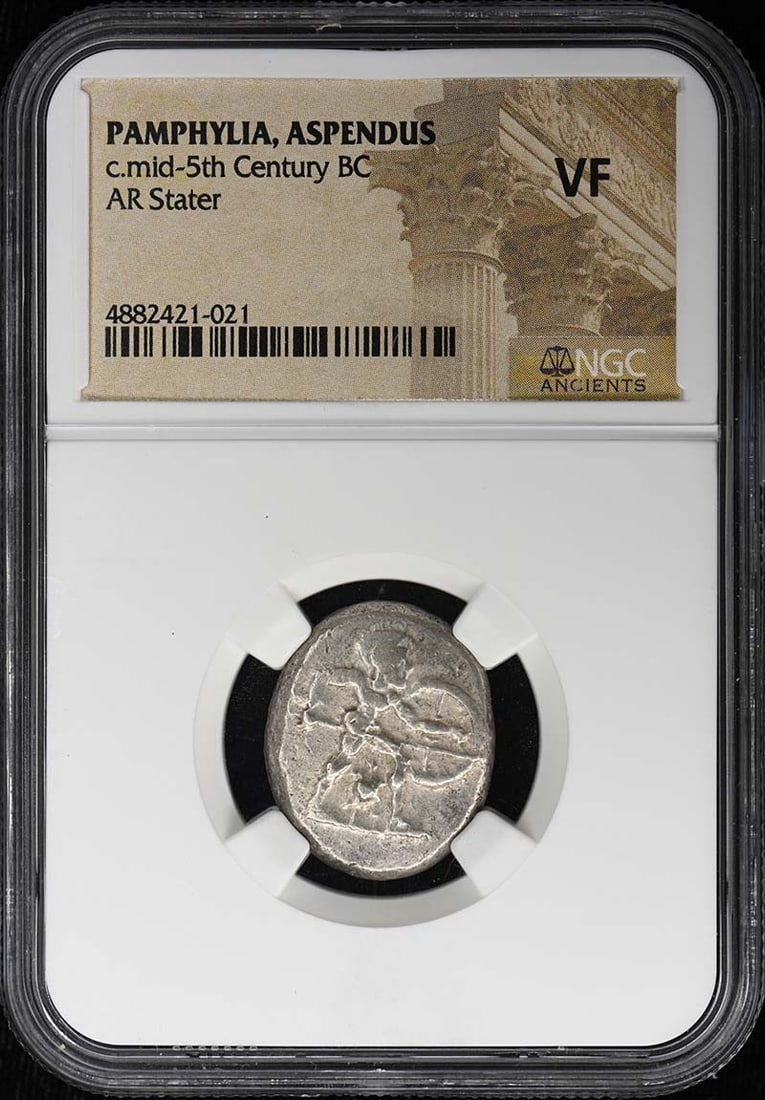 c.mid-5th Century BC PAMPHYLIA, ASPENDUS AR Stater NGC VF20: c.mid-5th Century BC PAMPHYLIA, ASPENDUS AR Stater NGC VF20 NGC VF20 graded c.mid-5th Century BC PAMPHYLIA, ASPENDUS AR Stater boasts an impressive ancient history, bearing the mark of a renowned cert
