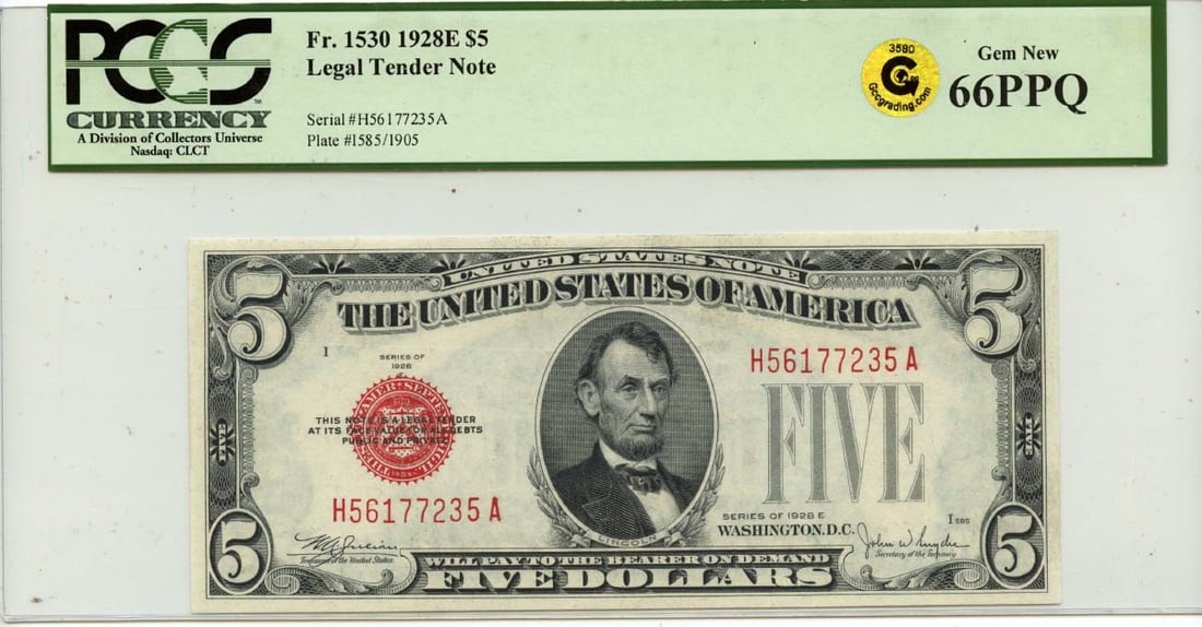 1928E $5 Legal Tender FR#1530 PCGS Gem 66 PPQ GCC Gold: 1928E $5 Legal Tender FR#1530 PCGS Gem 66 PPQ GCC Gold This 1928E $5 Legal Tender note, graded MS66 by PCGS, boasts an exceptionally high grade for its circulated condition. Bearing the distinctive FR