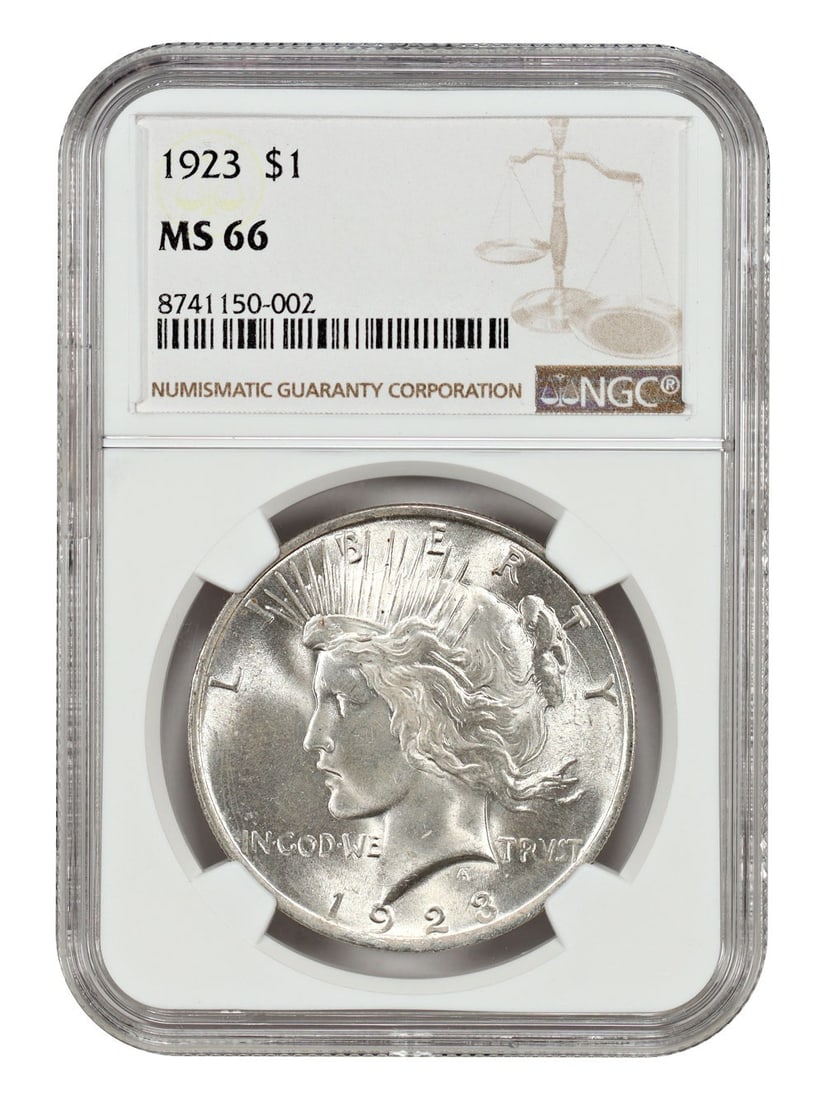 $1 1923 MS66 NGC Peace Dollar: $1 1923 MS66 NGC Peace Dollar The 1923 MS66 NGC Peace Dollar is an uncirculated coin featuring the iconic design of Samuel Flagg Breyer, with its silver content and mint marks proudly displayed. Certi