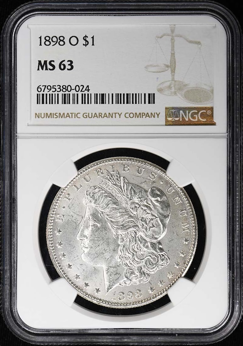 1898-O Morgan Dollar S$1 NGC MS63: 1898-O Morgan Dollar S$1 NGC MS63 1898-O Morgan Dollar S$1 in MS63 condition, certified by the Numismatic Guaranty Corporation (NGC) with a unique certification number. This uncirculated coin features