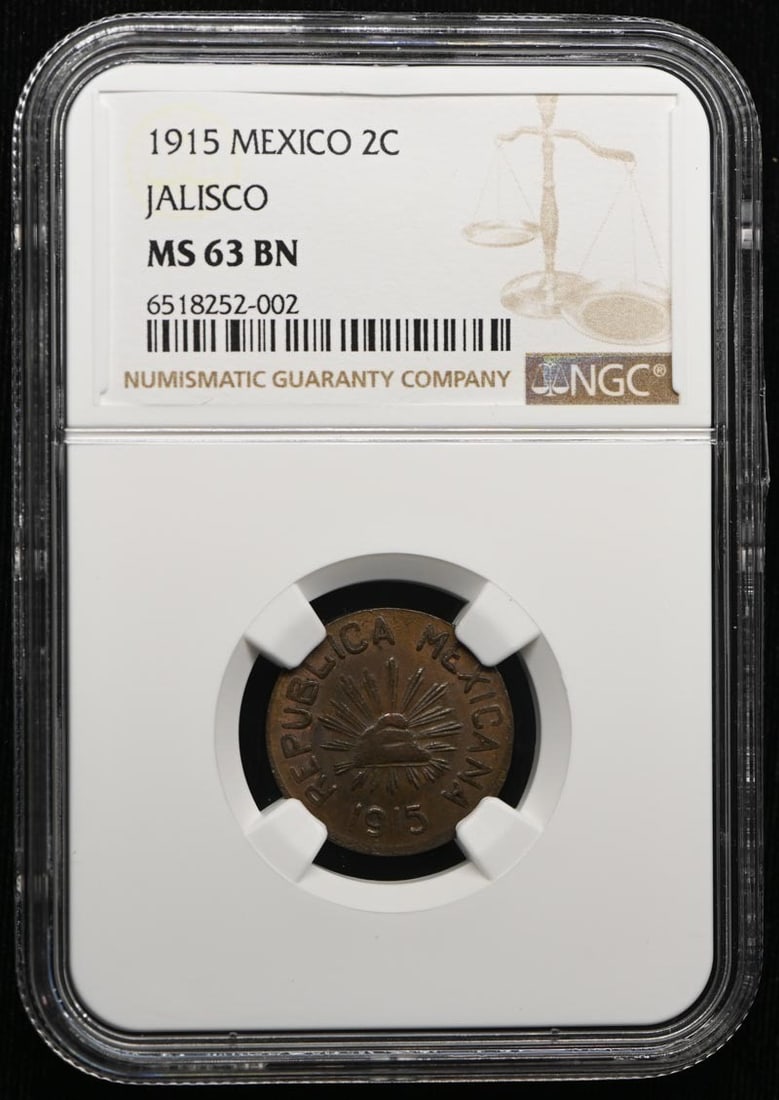 1915 MEXICO JALISCO KM-676.1 GB-240 2C NGC MS63BN: 1915 MEXICO JALISCO KM-676.1 GB-240 2C NGC MS63BN 1915 Mexico Jalisco KM-676.1 GB-240 2C NGC MS63BN - A highly detailed and circulated Mexican coin from the early 20th century, graded MS63 by the Numi