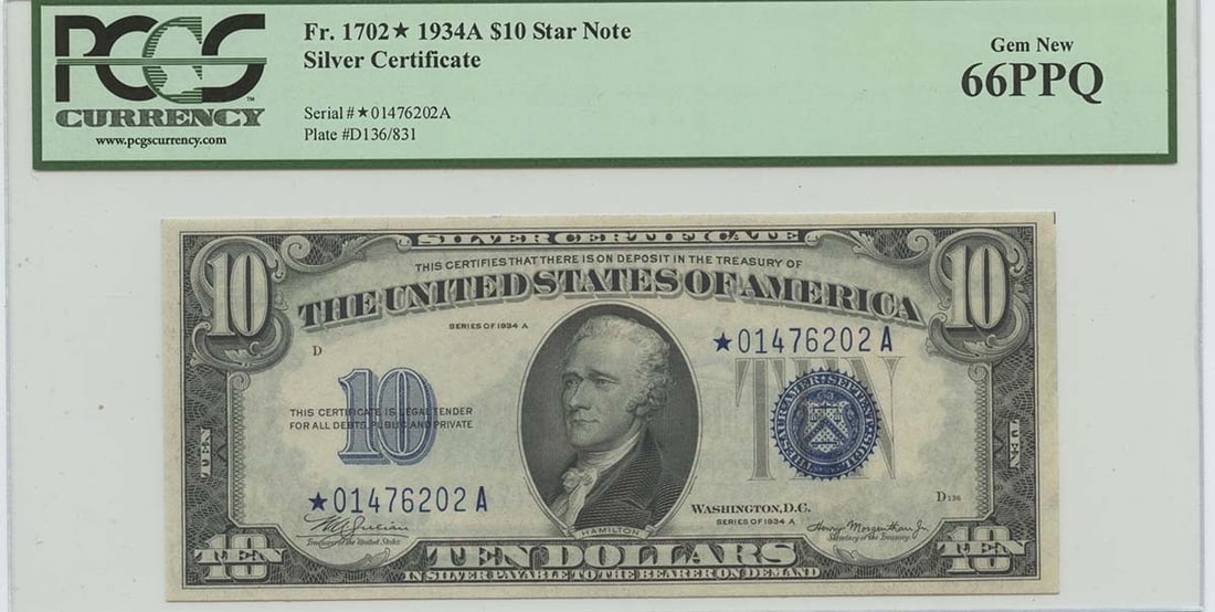 1934A $10 Silver Certificate Star FR#1702* PCGS 66PPQ Gem New Top Pop: 1934A $10 Silver Certificate Star FR#1702* PCGS 66PPQ Gem New Top Pop The 1934A $10 Silver Certificate Star FR#1702* PCGS 66PPQ Gem New Top Pop is a highly graded, uncirculated example of this rare an