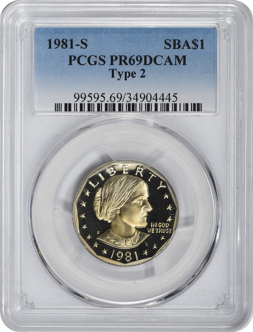 1981-S Type 2 Susan B Anthony Dollar SBA PR69DCAM PCGS Proof 69 DC Clear 'S': 1981-S Type 2 Susan B Anthony Dollar SBA PR69DCAM PCGS Proof 69 DC Clear 'S' The 1981-S Type 2 Susan B Anthony Dollar features a striking proof finish, graded PR69 by PCGS. This coin boasts clear 'S' 