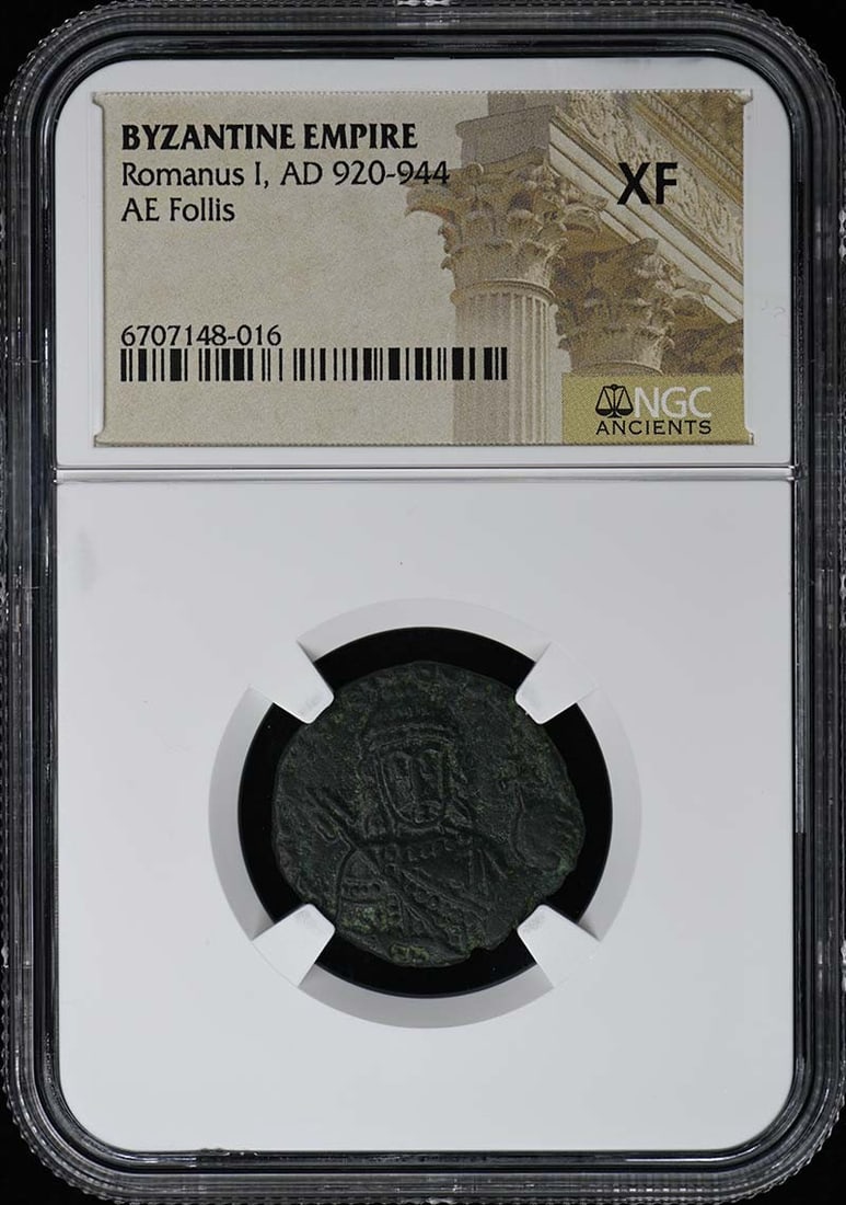 Romanus I 920 944 BYZANTINE AE Follis NGC XF: Romanus I 920 944 BYZANTINE AE Follis NGC XF Romanus I 920-944 Byzantine AE Follis NGC XF, bearing the mark of NGC certification, showcases an exceptional state of preservation with minimal wear. This