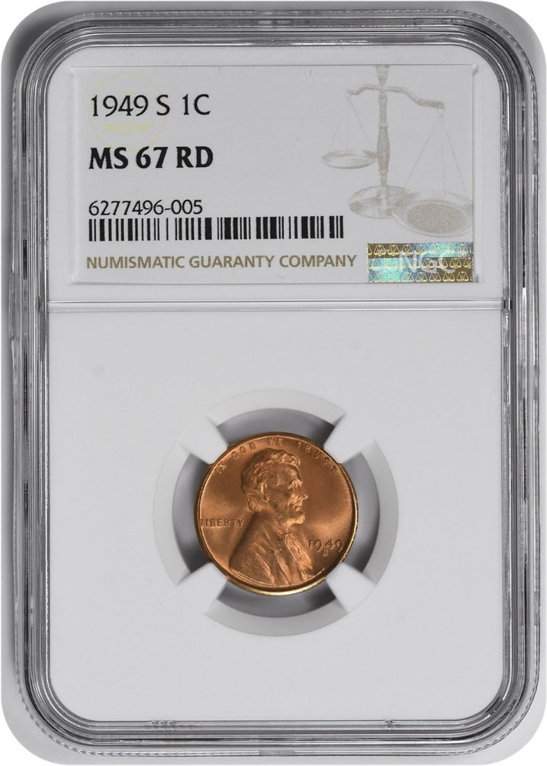 1949-S Lincoln Cent MS67RD NGC: 1949-S Lincoln Cent MS67RD NGC The 1949-S Lincoln Cent MS67RD NGC features exceptional detail and luster, showcasing the intricate design of Victor David Brenner's iconic portrait. With a grade of MS6