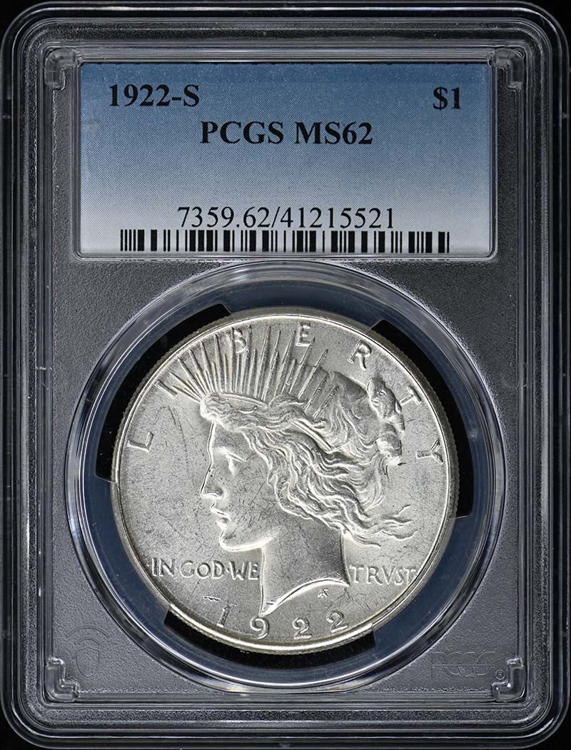 1922-S $1 Peace Dollar PCGS MS62: 1922-S $1 Peace Dollar PCGS MS62 The 1922-S $1 Peace Dollar, graded MS62 by PCGS, showcases the iconic design of Herbert A. Hoover's presidency. Struck in San Francisco, this uncirculated coin boasts 