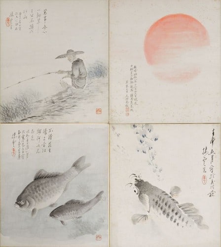 Kimura Seiun Japanese Art Shikishi Board Woodblock Prints Angler Landscape 4pc (1 of 1)