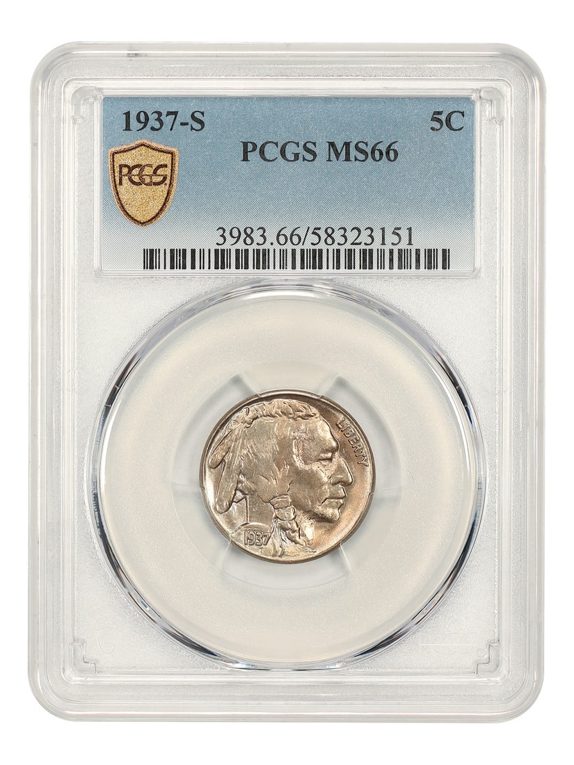 1937-S 5C PCGS MS66 - Buffalo Nickel: 1937-S 5C PCGS MS66 - Buffalo Nickel The 1937-S Buffalo Nickel, certified MS66 by PCGS, showcases exceptional detail and luster. This uncirculated coin features the iconic design of James Earle Fraser