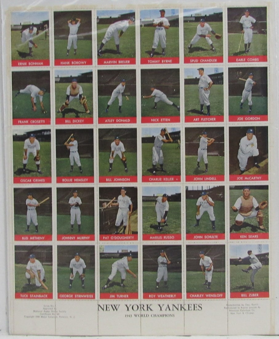 New York Yankees 1943 World Champions (30) Stamp Sheet Originals 211996: New York Yankees 1943 World Champions (30) Stamp Sheet Originals 211996 Original 1943 World Champions stamp sheet featuring the iconic New York Yankees, a historic moment in baseball history. This she