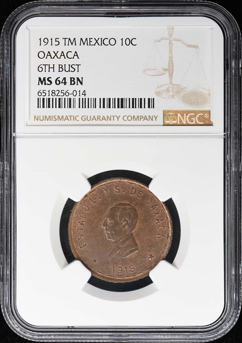 TM 6TH MS64BN 10C NGC OAXACA GB-311 1915 Mexico: TM 6TH MS64BN 10C NGC OAXACA GB-311 1915 Mexico The TM 6TH MS64BN 10C NGC OAXACA GB-311 1915 Mexico is an uncirculated Mexican coin graded MS64 by the Numismatic Guaranty Corporation (NGC). Produced i