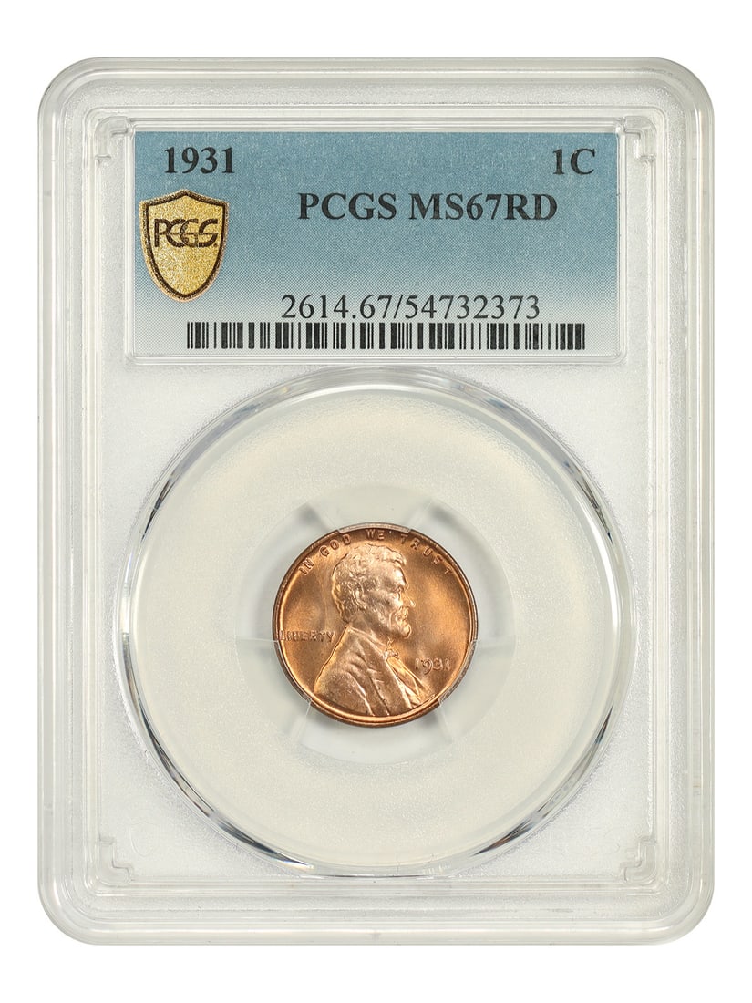 1931 1C PCGS MS67RD - Lincoln Cent (Wheat Reverse): 1931 1C PCGS MS67RD - Lincoln Cent (Wheat Reverse) The 1931 Lincoln Cent, graded MS67RD by PCGS, boasts an exceptional level of detail and luster. With its rich red color and pristine condition, this 