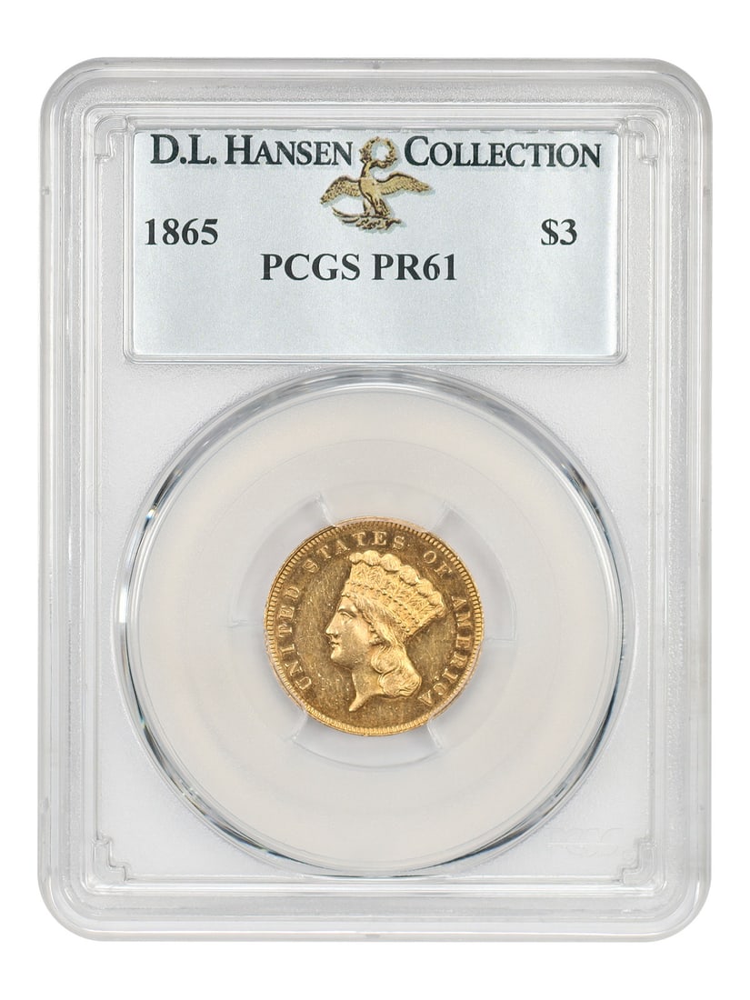 1865 $3 PCGS PR61 ex: D.L. Hansen - Three Dollar - Rare Proof Princess: 1865 $3 PCGS PR61 ex: D.L. Hansen - Three Dollar - Rare Proof Princess The 1865 $3 PCGS PR61 ex: D.L. Hansen is a rare proof coin featuring the Three Dollar denomination, minted in Philadelphia in 186