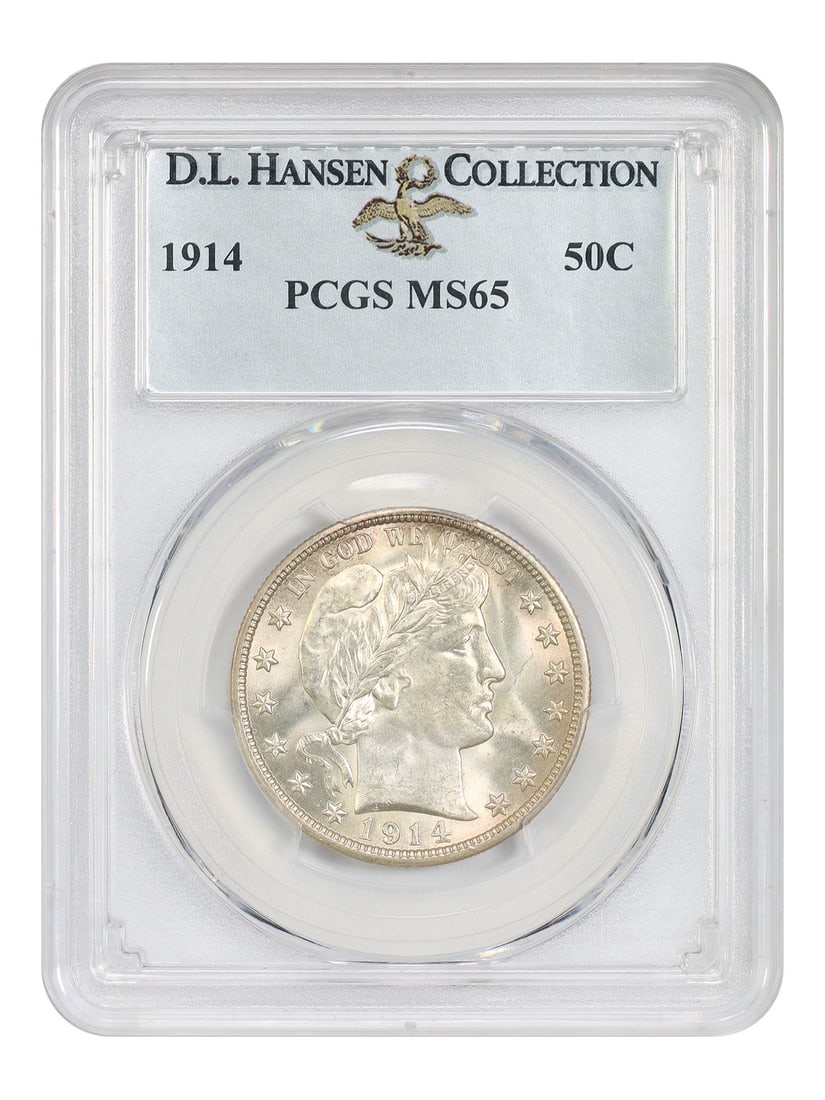 1914 50c PCGS MS65 ex: D.L. Hansen: 1914 50c PCGS MS65 ex: D.L. Hansen The 1914 50c coin, graded MS65 by PCGS, showcases exceptional minting quality with its Philadelphia mint mark. This uncirculated specimen bears the hallmark of D.L. 