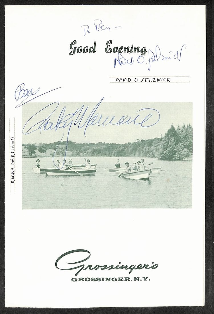Rocky Marciano Signed/ Autographed 6x10 Dinner Menu JSA LOA 209681: Rocky Marciano Signed/ Autographed 6x10 Dinner Menu JSA LOA 209681 Rocky Marciano's iconic signature adorns this vintage 6x10 dinner menu, a rare collectible for boxing enthusiasts and fans of the leg