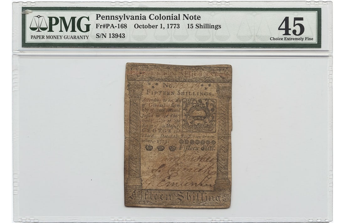 FR. PA-168 Oct 1 1773 15S Pennsylvania Col. Currency PMG Choice XF45 (Staining): FR. PA-168 Oct 1 1773 15S Pennsylvania Col. Currency PMG Choice XF45 (Staining) The FR. PA-168 Oct 1 1773 15S Pennsylvania Col. Currency PMG Choice XF45 features a stunning example of colonial currenc