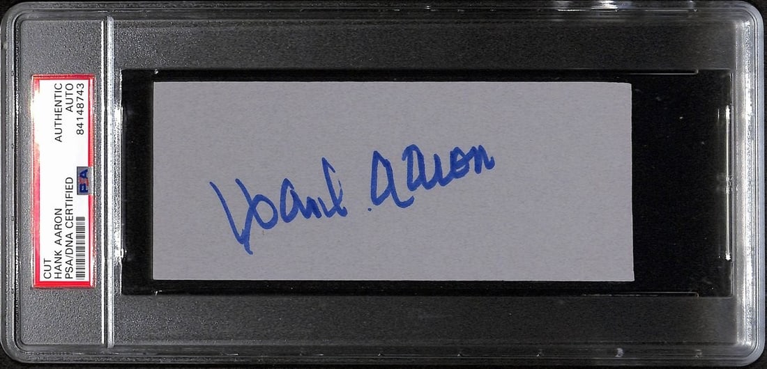 Hank Aaron HOF Signed/ Autographed 6x2.5 Cut Card Atlanta Braves PSA/ DNA 193444: Hank Aaron HOF Signed/ Autographed 6x2.5 Cut Card Atlanta Braves PSA/ DNA 193444 Hank Aaron's iconic cut card, measuring 6x2.5 inches, bears his signature and comes with authentication from PSA/DNA, v