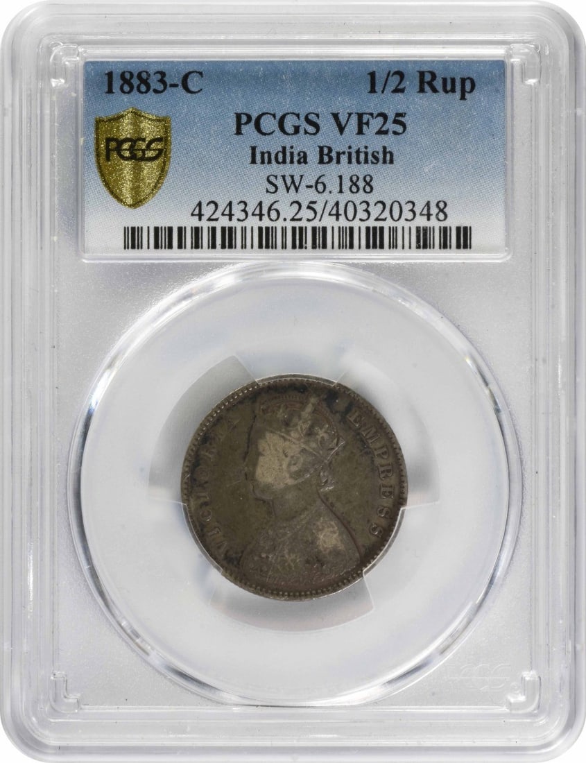 1883-C India British 1/ 2 Rupee VF25 PCGS: 1883-C India British 1/ 2 Rupee VF25 PCGS The 1883-C India British 1/2 Rupee is a circulated silver coin with a PCGS certification, bearing the hallmark of its composition and grade. This coin was min
