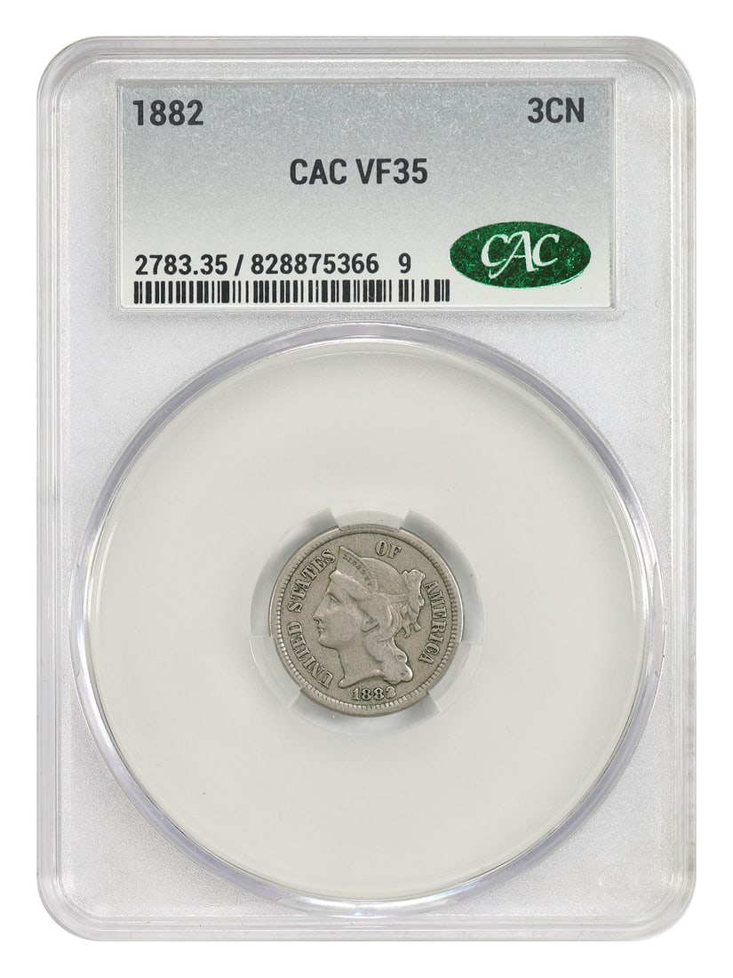 1882 3CN CACG VF35 - Three Cent Nickel: 1882 3CN CACG VF35 - Three Cent Nickel The 1882 Three Cent Nickel, certified by CACG as VF35, is a circulated coin from the Philadelphia mint. This nickel features a distinctive design and bears the m