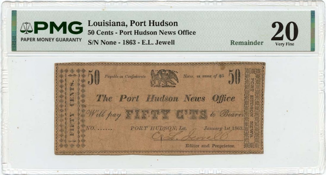 1863 50 Cents Port Hudson, Louisiana Obsolete Port Hudson News Office PMG VF20: 1863 50 Cents Port Hudson, Louisiana Obsolete Port Hudson News Office PMG VF20 The 1863 50 Cents Port Hudson, Louisiana Obsolete Note features a unique design and historical significance as a circulat