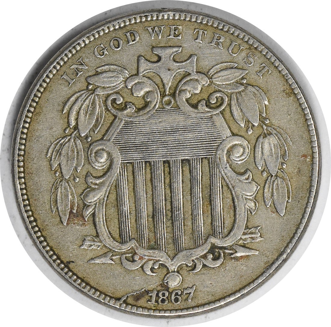 1867 Shield Nickel No Rays RPD EF Uncertified: 1867 Shield Nickel No Rays RPD EF Uncertified The 1867 Shield Nickel No Rays RPD EF Uncertified features a striking design by James Barton Longacre, with its plain edge and copper-nickel composition m