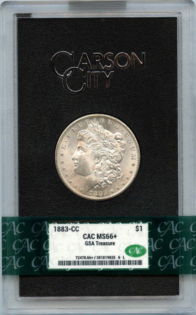 Morgan Dollar 1883-CC $1 GSA Hoard CACG MS66+ CAC: Morgan Dollar 1883-CC $1 GSA Hoard CACG MS66+ CAC The Morgan Dollar 1883-CC is a highly sought-after coin, graded MS66+ by the CACG. This uncirculated specimen bears the mark of the Carson City mint a