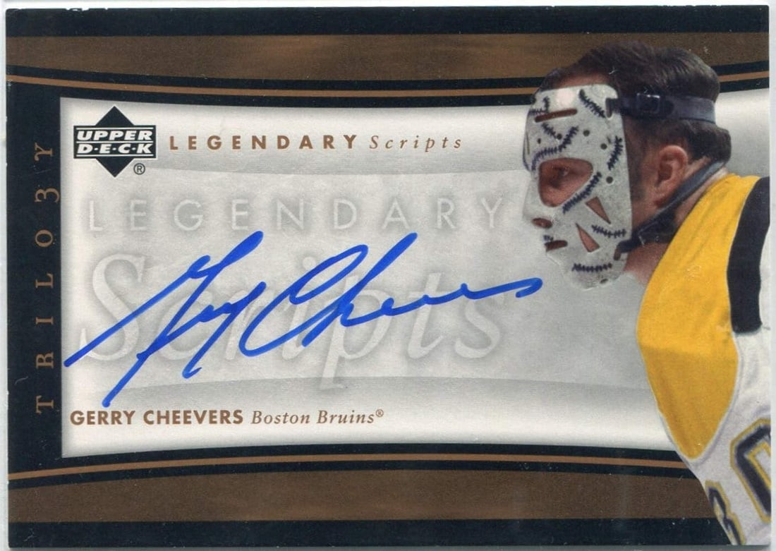 Gerry Cheevers 2005 - 2006 Upper Deck Trilogy Legendary Scripts Autographed Card: Gerry Cheevers 2005 - 2006 Upper Deck Trilogy Legendary Scripts Autographed Card Gerry Cheevers' legendary script is showcased on this Upper Deck Trilogy autographed card, bearing the signature of the