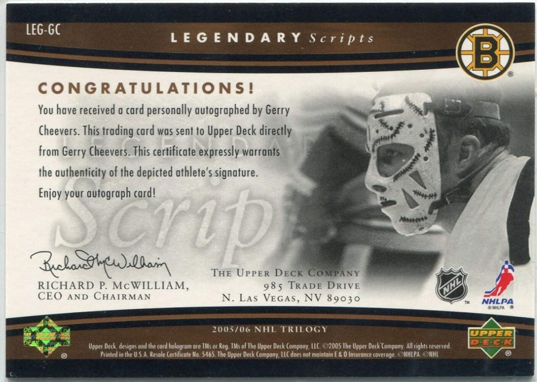 Gerry Cheevers 2005 - 2006 Upper Deck Trilogy Legendary Scripts Autographed Card - 2