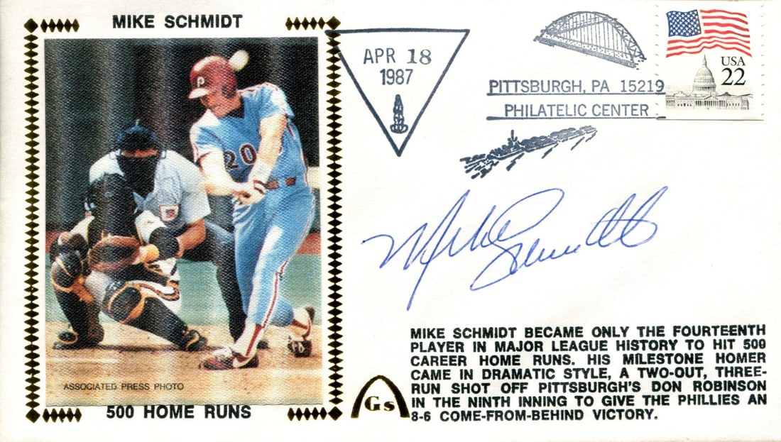 Schmidt Mike Autographed April 18 1987 Day First Cover PSA: Schmidt Mike Autographed April 18 1987 Day First Cover PSA Mike Schmidt's blue pen signature across the front of the envelope adds a touch of authenticity to this April 18, 1987 First Day Cover. The P