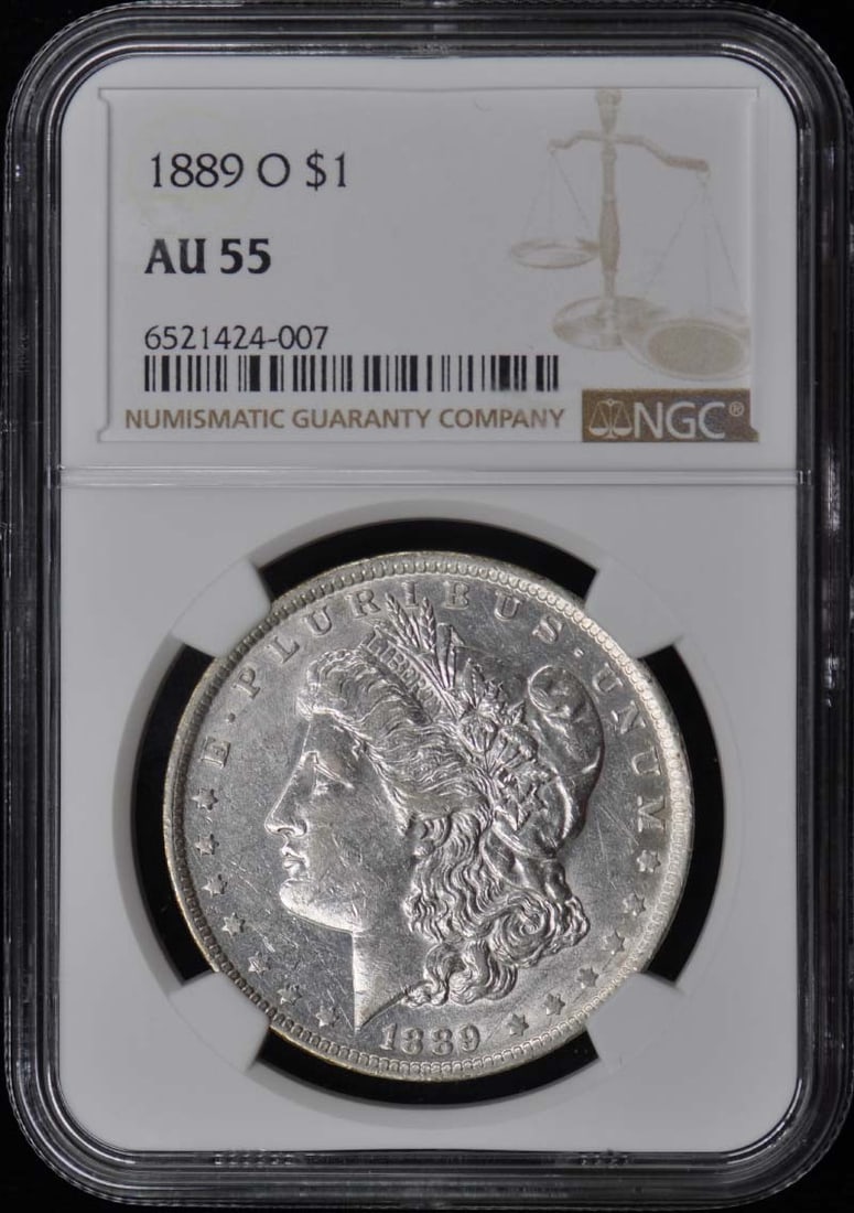 1889-O Morgan Dollar S$1 NGC AU55: 1889-O Morgan Dollar S$1 NGC AU55 1889-O Morgan Dollar S$1 NGC AU55. This circulated 1889-O Morgan Dollar features the iconic design of Augustus Saint-Gaudens, minted in New Orleans. Certified by the 