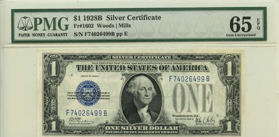 1928B $1 Silver Certificate Blue Seal Fr# 1602 PMG 65 EPQ: 1928B $1 Silver Certificate Blue Seal Fr# 1602 PMG 65 EPQ The 1928B $1 Silver Certificate features a striking blue seal and boasts a high grade of MS65, indicating excellent condition. This uncirculat