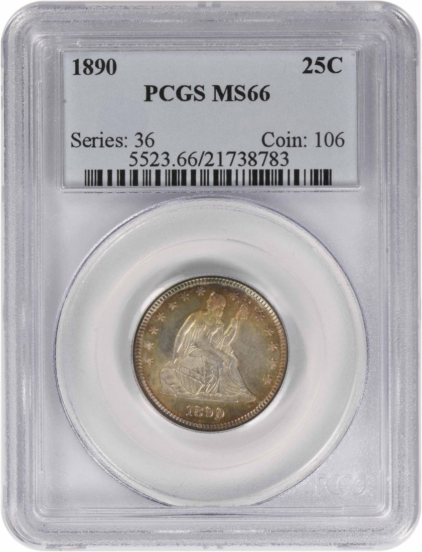 1890 Liberty Seated Silver Quarter MS66 PCGS: 1890 Liberty Seated Silver Quarter MS66 PCGS The 1890 Liberty Seated Silver Quarter MS66 PCGS boasts exceptional condition, with its MS66 grade indicating near-perfect preservation. Certified by the p