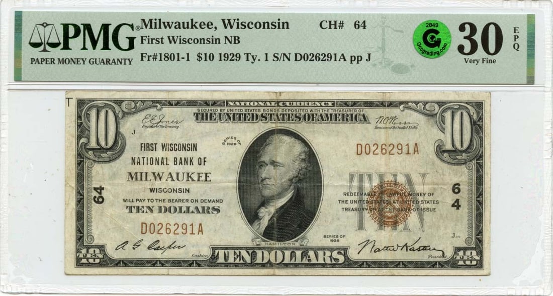 1929 Ty1 $10 First Wisconsin Nat'l Bank Milwaukee CH#64 PMG VF30 EPQ GCC Green: 1929 Ty1 $10 First Wisconsin Nat'l Bank Milwaukee CH#64 PMG VF30 EPQ GCC Green The 1929 Ty1 $10 First Wisconsin Nat'l Bank Milwaukee features a striking design, with its distinctive green color and un