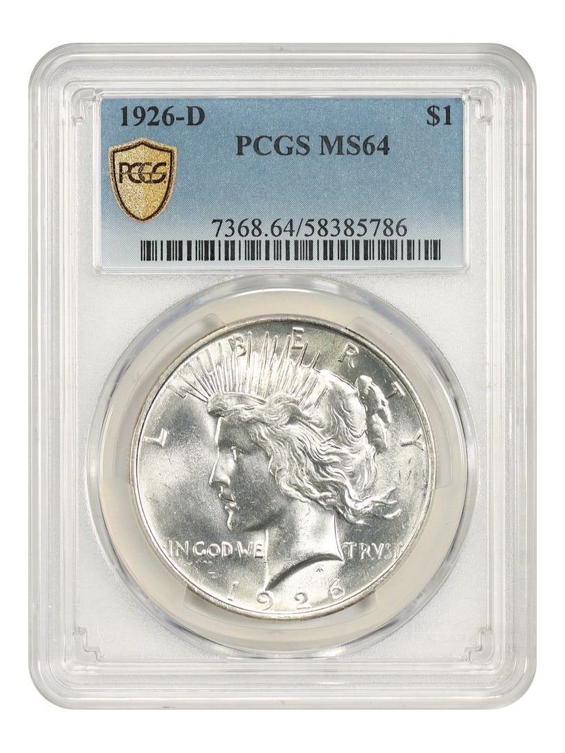 1926-D $1 PCGS MS64 - Peace Dollar - Better D-Mint: 1926-D $1 PCGS MS64 - Peace Dollar - Better D-Mint The 1926-D $1 PCGS MS64 - Peace Dollar is an uncirculated coin featuring the iconic design of the Denver Mint, showcasing a high level of detail and 