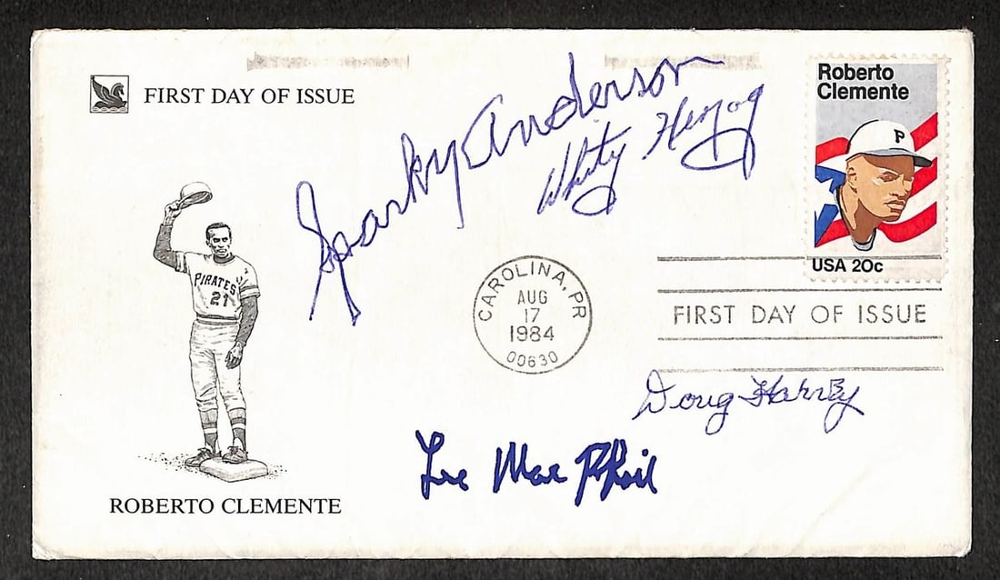 1984 Roberto Clemente First Day of Issue Envelope Multi-signed by (4) JSA 210445 (1 of 2)