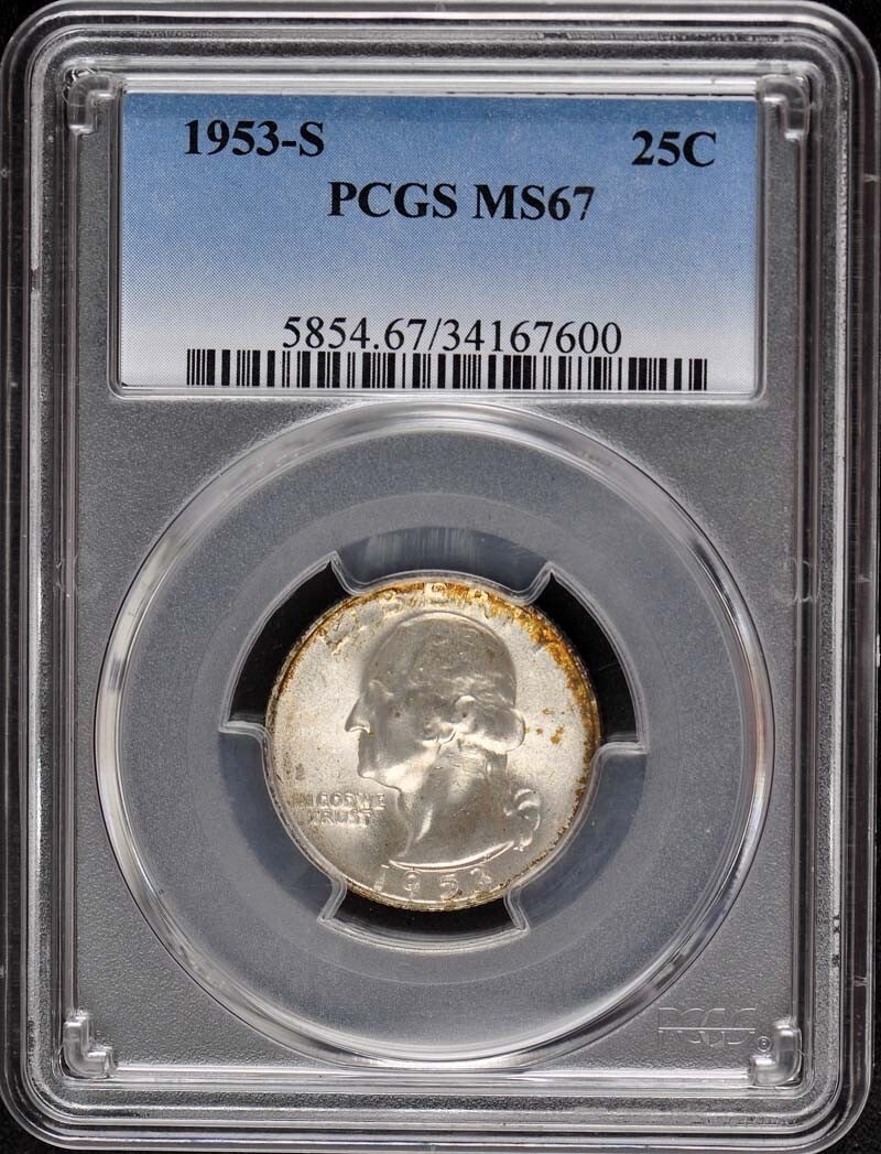 1953-S 25C Washington Quarter PCGS MS67: 1953-S 25C Washington Quarter PCGS MS67 The 1953-S 25C Washington Quarter boasts a stunning MS67 grade, showcasing exceptional detail and luster. Certified by PCGS as an uncirculated coin, its San Fra