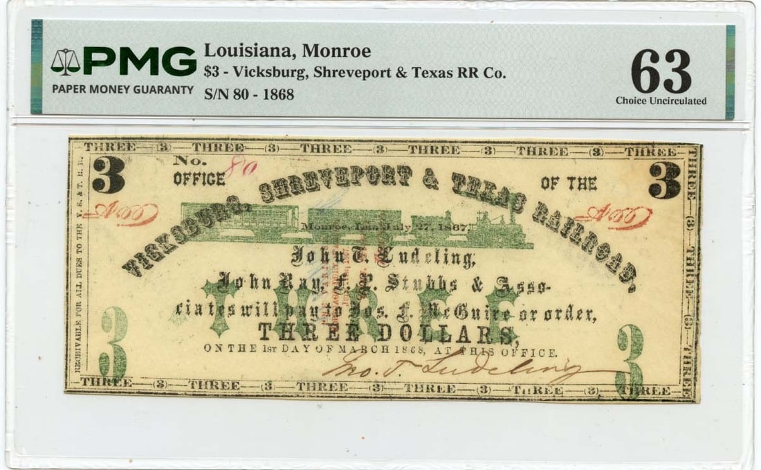 1868 $3 Monroe, Louisiana Obsolete Vicksburg, Shreveport & Texas RR Co PMG CU63: 1868 $3 Monroe, Louisiana Obsolete Vicksburg, Shreveport & Texas RR Co PMG CU63 Item Specifics: Certification: PMG Certification Number: 2356143001 Grade: MS63 Circulated/Uncirculated: Uncirculated De