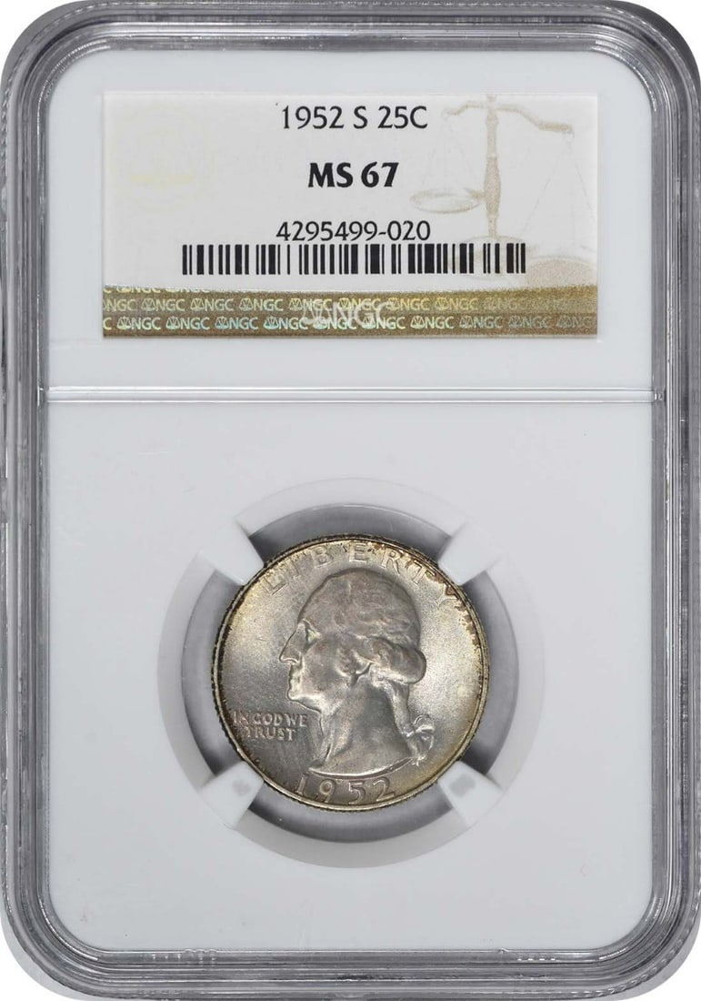 1952-S/ S Washington Silver Quarter RPM 1 MS67 NGC: 1952-S/ S Washington Silver Quarter RPM 1 MS67 NGC The 1952-S Washington Silver Quarter, graded MS67 by the NGC, boasts exceptional condition with its reeded edge and detailed design. This circulated/