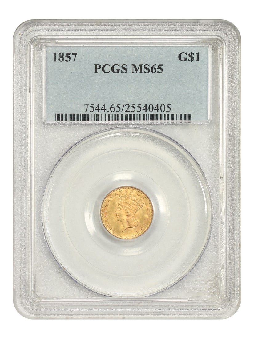 1857 G$1 PCGS MS65 - Gold Dollar: 1857 G$1 PCGS MS65 - Gold Dollar The 1857 G$1 Gold Dollar, certified MS65 by PCGS, boasts exceptional condition with minimal signs of wear. This uncirculated coin showcases its original luster and int