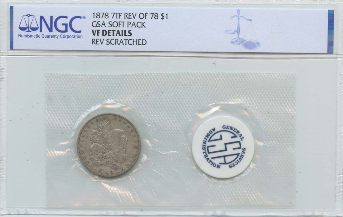 Morgan dollar 1878 7TF Rev 78, GSA soft pack, S$1, NGC, VF, Details: Morgan dollar 1878 7TF Rev 78, GSA soft pack, S$1, NGC, VF, Details The 1878 Morgan dollar, graded VF by NGC, boasts a rich history as one of the most iconic coins in American numismatics. This GSA-so