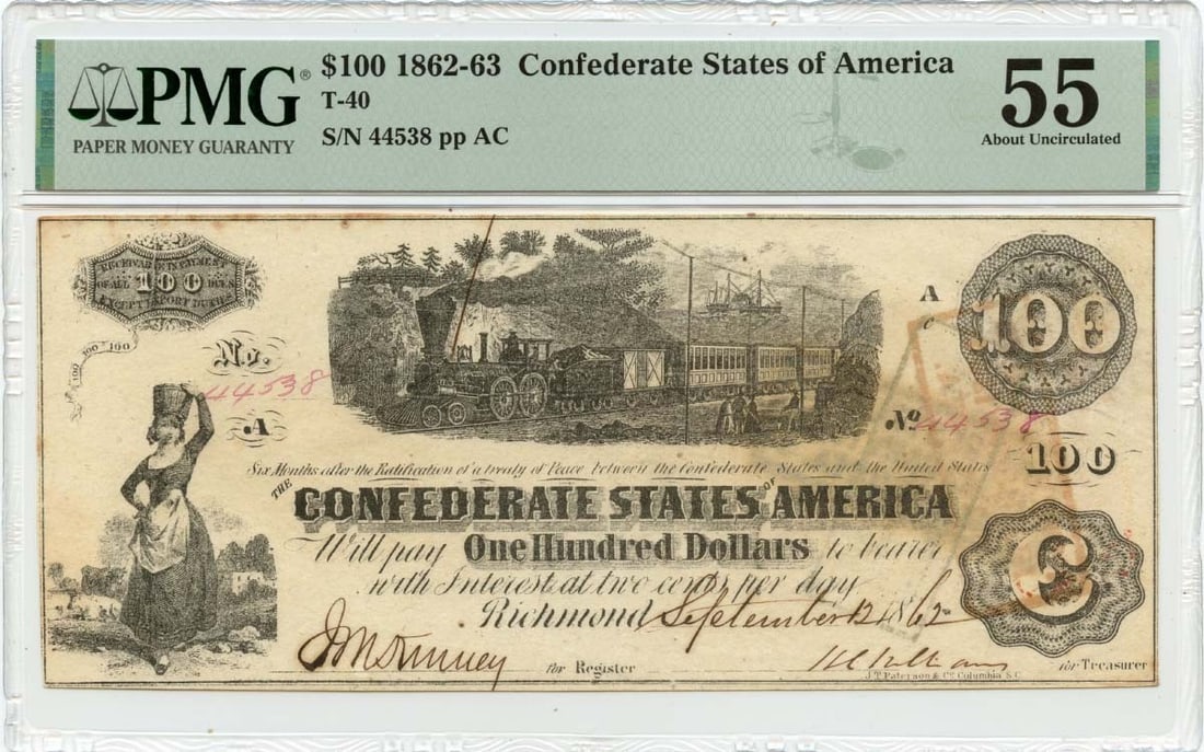 1862 $100 Confederate States of America T-40 CSA PMG AU55: 1862 $100 Confederate States of America T-40 CSA PMG AU55 The 1862 $100 Confederate States of America T-40, graded AU55 by PMG, bears the mark of its circulated condition. With a notable signature pre