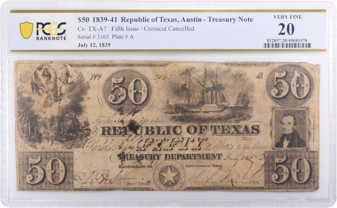 $50 1839-41 Republic of Texas, Austin A7 Crosscut Cancelled VF20 PCGS: $50 1839-41 Republic of Texas, Austin A7 Crosscut Cancelled VF20 PCGS The $50 1839-41 Republic of Texas, Austin A7 Crosscut Cancelled is a highly sought-after collectible featuring a unique cancelled 