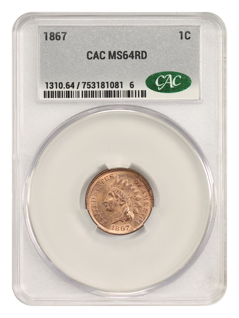 1867 1C CACG MS64RD - Indian Cent - Tough in Full RD: 1867 1C CACG MS64RD - Indian Cent - Tough in Full RD The 1867 Indian Cent, graded MS64RD by CACG, boasts a striking full red coloration, a hallmark of the rare and coveted "Tough in Full Red" variety.