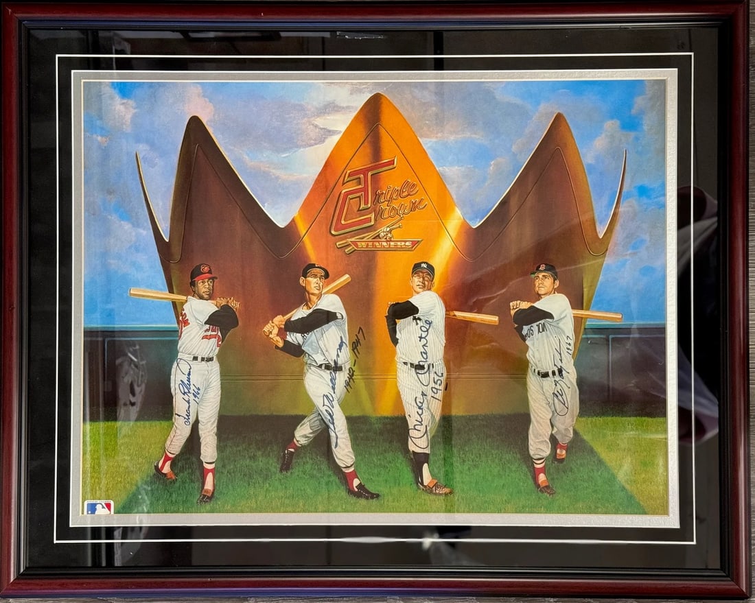 Crown Winners Signed Framed Photo Williams Robinson Mantle Triple: Crown Winners Signed Framed Photo Williams Robinson Mantle Triple Signed by four baseball legends, including Frank Robinson, Ted Williams, Mickey Mantle, and Carl Yastrzemski across the front of a 16x