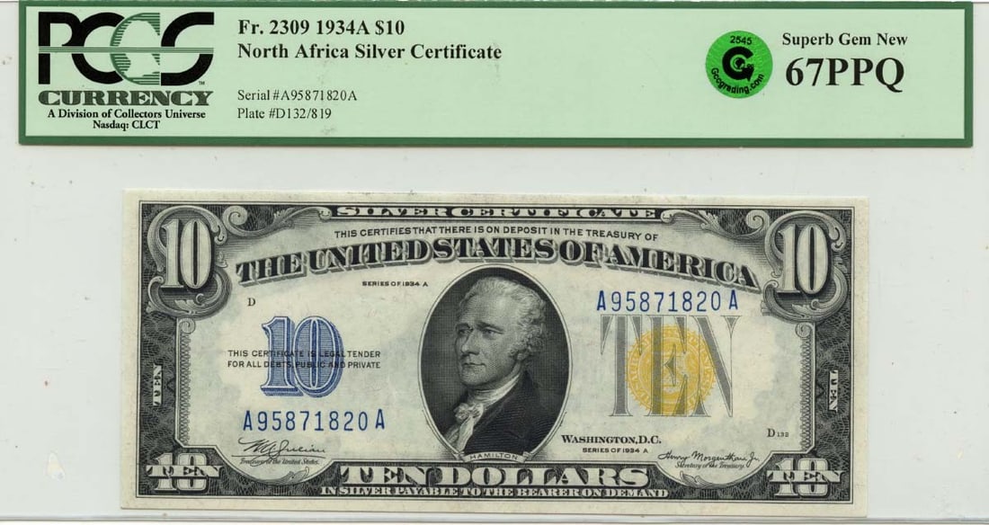 1934A $10 North Africa WWII Emergency Issue FR#2309 PCGS Superb GEM 67 PPQ GCC: 1934A $10 North Africa WWII Emergency Issue FR#2309 PCGS Superb GEM 67 PPQ GCC The 1934A $10 North Africa WWII Emergency Issue features a Superb GEM 67 grade, showcasing exceptional condition and deta